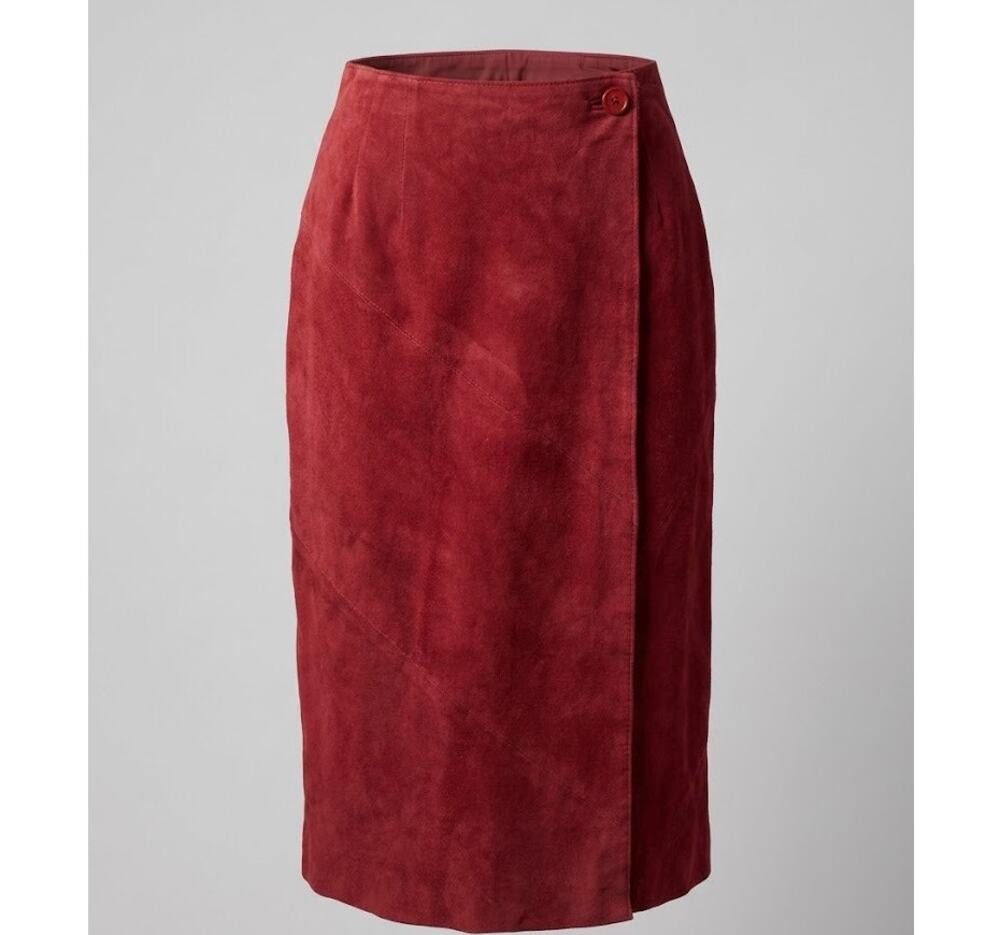 Adrian Jordan Red Suede Leather Wrap Midi Skirt 14W